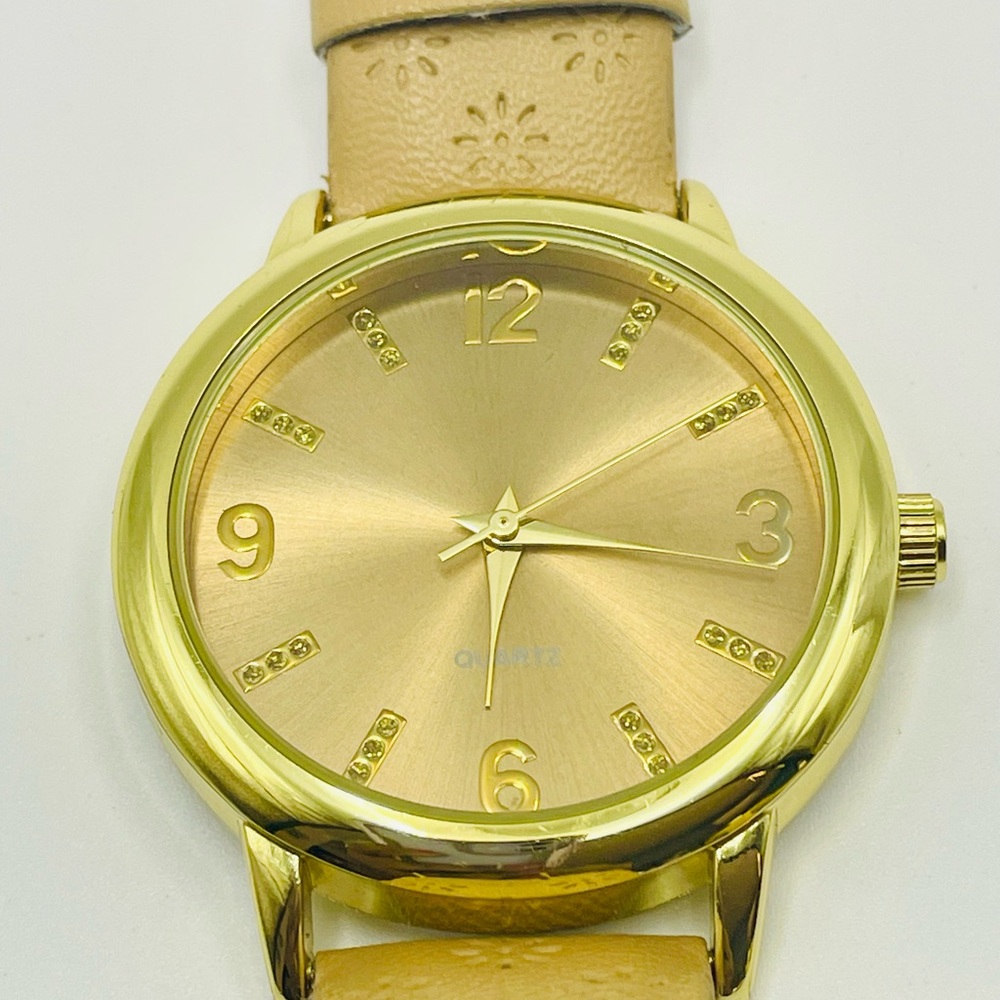 Vintage BWC Gold Dial Swiss Watch with Floral Brown Tan Leather Band. 9 inches